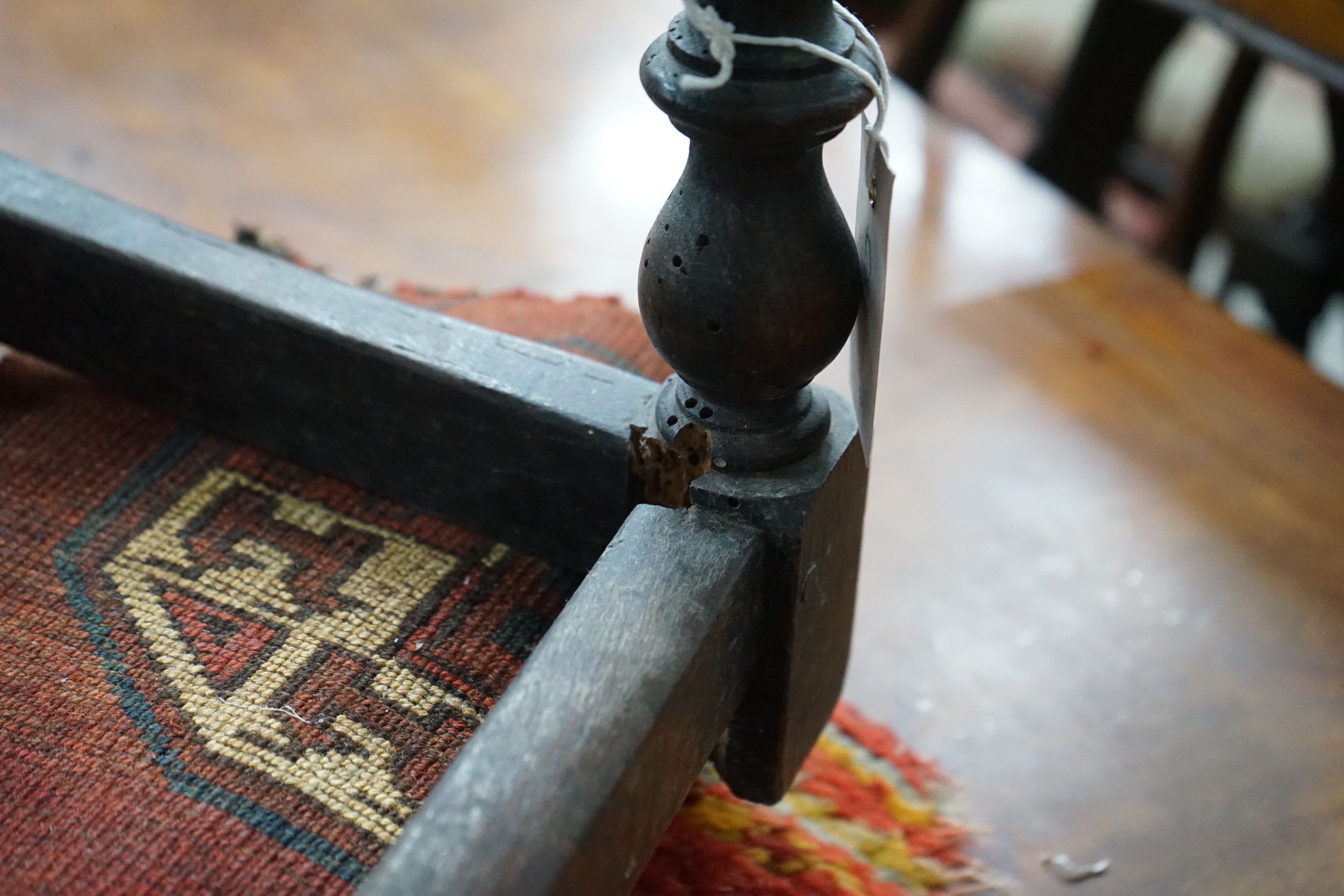 An early 18th century style oak joint stool, width 46cm, depth 30cm, height 38cm and a Victorian butler's tray on stand